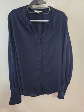 Vince Navy Covered-Button Long-Sleeve Blouse